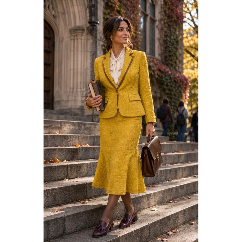 J.Crew Peplum Blazer Textured Tweed Yellow Gold Skirt Suit NWT Size 8 2-Piece
